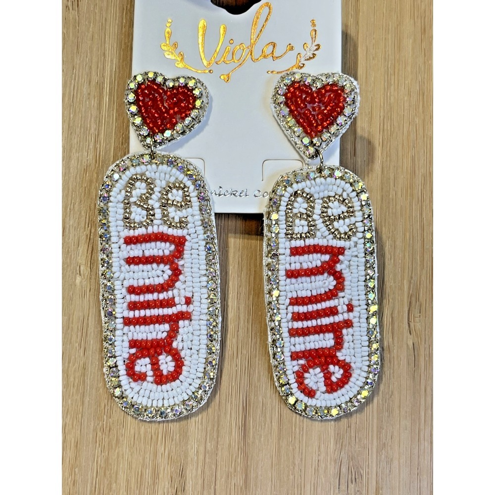 VALENTINES DAY BE MINE RED WHITE GOLD RHINESTONE SEED‎ BEAD DANGLE EARRINGS